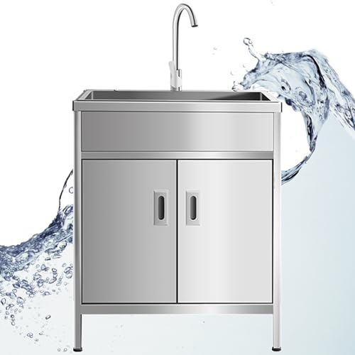 ZYFBD Meuble d'évier utilitaire d'extérieur autonome en acier inoxydable avec robinet – Lavabo simple pour buanderie, ferme, garage et utilisation en intérieur