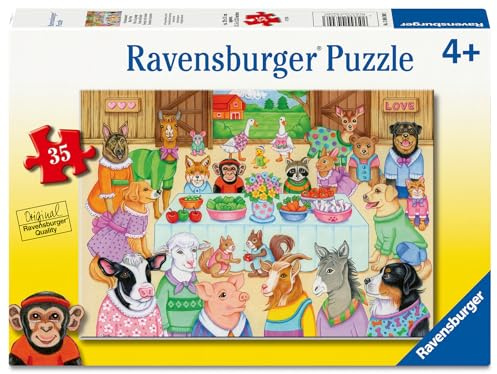 Ravensburger Barn Party 35 Piece Jigsaw Puzzle – Farm Animal Scene with Cow, Pig, Sheep, Dog & Cat – Fun Educational Toy for Kids Ages 4+