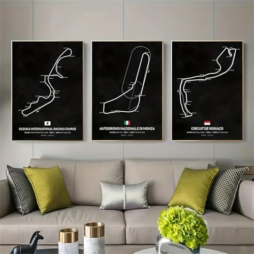 TROYSINC 3er Poster Set – F1 Klassische Rennstrecken Deko, Rennkurs Wandbild im Dark-Industrial-Look für Männerzimmer, Gaming-Raum & Büro (D, 50x70cm)