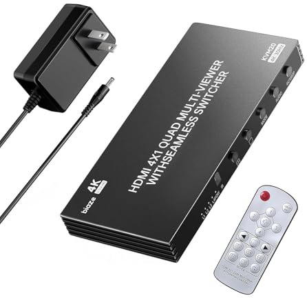 Biaze KVM20 Commutateur HDMI 4 x 1 4 K Sortie 4 en 1 avec télécommande et bloc d'alimentation Ultra HD 1080P/3D/4K @ 30 Hz, 4 modes d'écran partagé pour PS5, Fire TV et moniteurs, 4 entrées 1 sortie