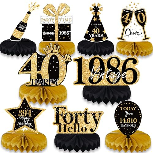 NINESPRING 40. Geburtstag Tischdeko Schwarz Gold,9 Stück Bienenwaben Deko Tischaufsätze Set,Tischdekoration für 40. jährige,40 Geburtstag Deko für Männer und Frauen