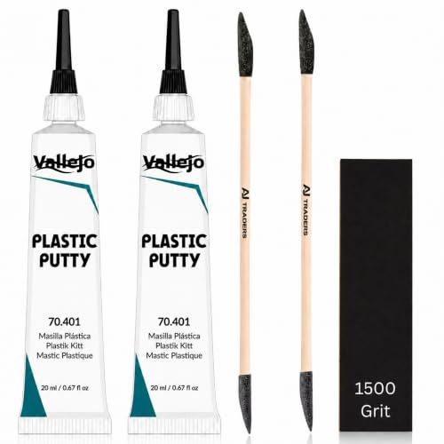 Premium Vallejo plastic Putty 20ml Twin Pack with 4X Precision Sanding Applicators |Fast drying Model Gap Filler & Seam Repair Kit for Acrylic Models, Warhammer, Gundam & Scale Kits| AJ Traders Bundle