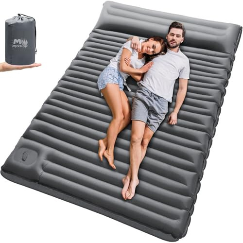 Myxslop Isomatte Camping Matratze, 12CM Doppel Camping Luftmatratze, Ultraleicht Campingmatte Aufblasbar für 2 Personen mit Fußpumpe & Kissen für Rucksack, Outdoor