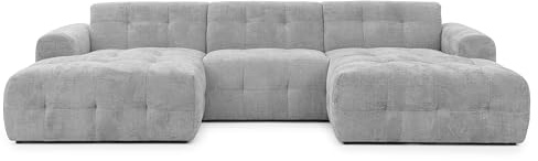 Moderne Wohnlandschaft in U-Form mit raffinierten Steppungen, B323/T161/H79 cm, 6-Sitzer, Wellenunterfederung, angenehm weicher, strapazierfähiger Chenille-Bezug in Hellgrau / 21051