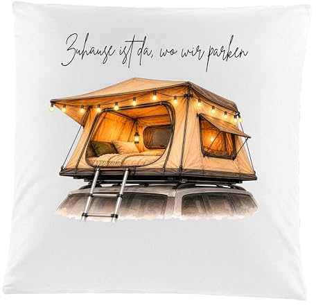 AURIMELLYS Personalisierter Kissenbezug Camping – Wohnwagen I Wohnmobil I Van mit Familienname – Geschenk für Camper & Wohnwagen Fans – Dekokissen Camper Vanlife (Dachzelt 01)