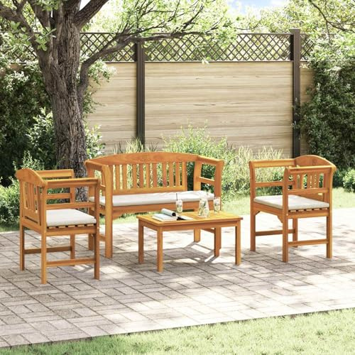 GeenYuu Ensemble Salon Jardin 4 pcs en Bois d'acacia Massif avec Coussins, fauteuils, canapé, Table Basse pour terrasse, Balcon ou Patio, Design sculpté Rose