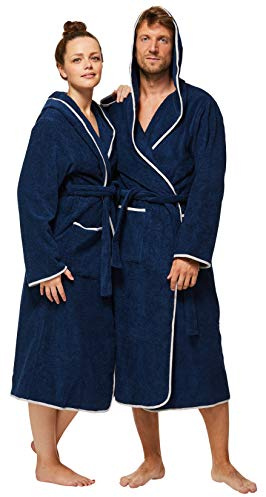 Sowel® Bademantel Damen und Herren, 100% Bio-Baumwolle, Extra Lang mit Kapuze, Morgenmantel, Flauschig, Frottee, XL, Navy/Grau