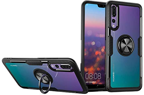 SORAKA Hülle für Huawei P20 Pro mit 360 Grad drehbarem Ringständer Harter PC transparenter Abdeckung+Silikon Rahmen durchsichtige hülle mit Metallplatte für Handyhalterung Auto KFZ Magnet