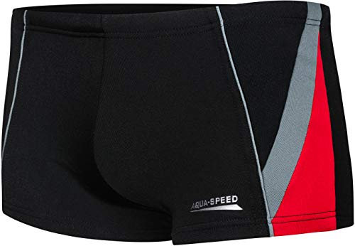 Aqua Speed Boxer Badehose Retro für Jungen + gratis eBook | Schwimmhose mit Kordelzug | Kastenbadehose Gr. 158 | 136. Schwarz Grau Rot | Diego