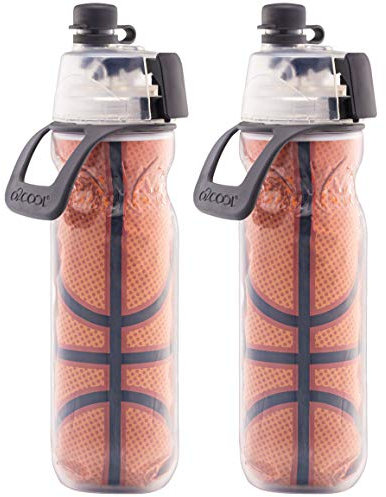 O2COOL Mist 'N Sip Misting Water Bottle 2-in-1 Mist And Sip Function With No Leak Pull Top Spout Reusable Sports Water Bottle - 20 oz (2 Pack Basketball)
