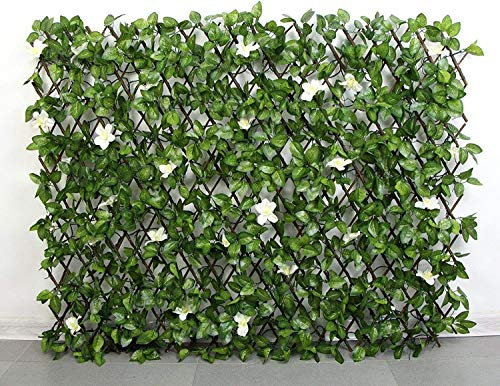Expanding Trellis Fence Screen Artificial Plant Leaves & Flowers Expandable Privacy For Garden Faux Fencing Panel, Decorative Artificial Hedges Outdoor 1M x 2M (Not expanded) (Green W White Flowers)