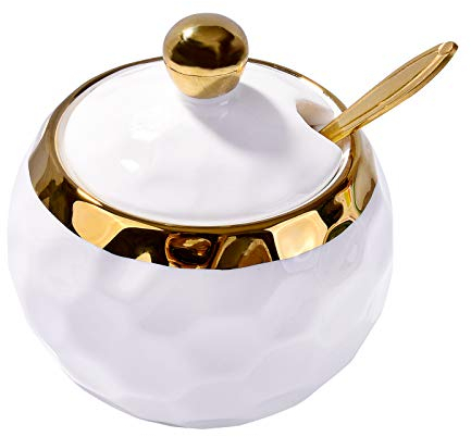 BOSILI Sucrier en céramique en forme de golf avec couvercle et cuillère dorée pour la maison et la cuisine (blanc)
