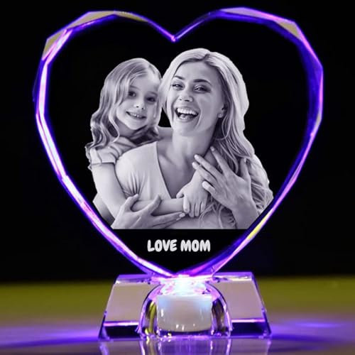 Photo en cristal 2D/3D personnalisée avec image 3D en verre gravé en forme de cœur avec votre propre photo (anniversaire, cadeau de mariage, fête des mères, Saint-Valentin, Noël) (face à la taille M)