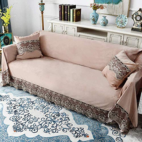 SAZDFY Vintage Volltonfarbe Couch-Abdeckung,Nicht-Slip Sofa Abdeckung MÖBELSCHUTZ Mit Spitze,Samt Verdicken Sofa Sofabezüge Universal-Rosa. 200x260cm(79x102inch)