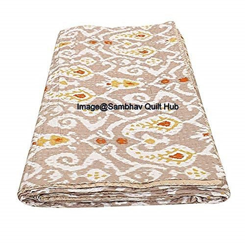 handgefertigt, Ikat-Druck, Kantha-Steppdecke, Kantha-Decke, Bettüberzug, King-Kantha-Tagesdecke, Bohemian-Bettdecke, wendbar, Baumwolle, Kantha-Sofaüberwurf (Beige, Twin 152,4 x 228,6 cm)