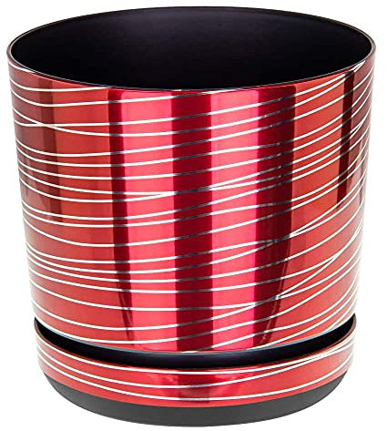 KORAD Red with silver strips plastic round indoor flowerpot with saucer and drainage holes small (height: 18 cm- 7 inches) 4.76 inches -