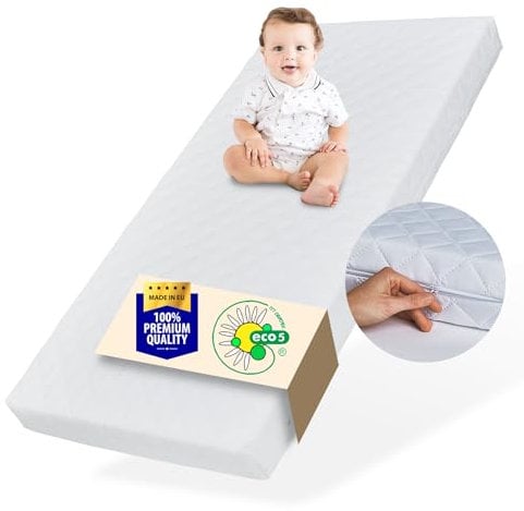 Matratze 70x140 Baby Kindermatratze 70x140 cm mit waschbarem Bezug für Kinder 10 cm hoch, mit Spannbettlaken aus 100% Baumwolle, Wendematratze eco5 Zertifizierung für Kinderbett Bodenbett