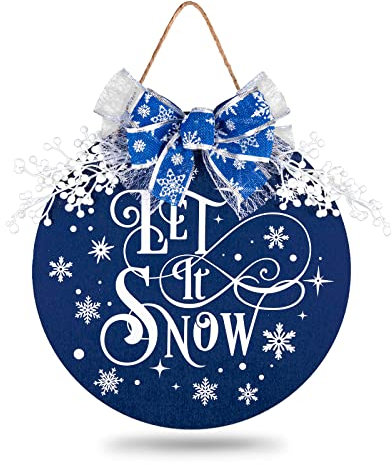 Whaline Christmas Wooden Hanging Sign Door Decoration Wreath Let It Snow Welcome Sign Navy Blue White Snowflake Door Wreath with Bow Berries for Winter Xmas Home Indoor Outdoor Farmhouse Wall Window