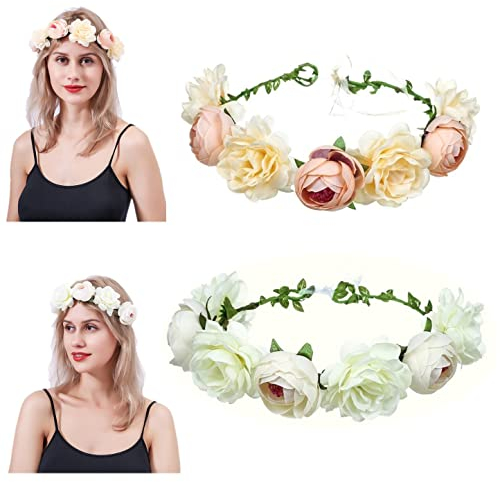 JZK 2 x künstliche Pfingstrosen Blume Stirnband Haarband für Brautjungfer Hochzeit Blumenmädchen Braut Blume Tiara Girlande für Mädchen und Frau Braut Haarband Blumenkranz Kopfschmuck Weiß Elfenbein