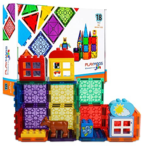Playmags 18-Teiliges Magnetisches Ziegelstein- Und Bauset – Magnetische Bausteine Und Blöcke Für Kinder – Entwicklung Der Fähigkeiten – Ab 3 Jahren (Große Ziegelsteine)