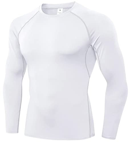 Sillictor Men's Base Layer Tops for Ski, Golf, Cycling & More - UPF 50+ Sun Protection - Muscle Support - Quick Dry - White, L