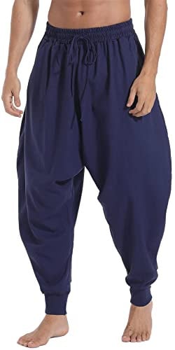 AITFINEISM Men's Drawstring Casual Hippie Harem Pants Loose Drop Crotch Trousers (XXL,Navy 1)