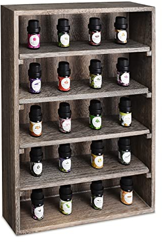 Ikee Design Wooden Wall-Mounted Display Shelves Rack for Collectibles-Figures,Shot Glasses,Spice Can,Cosmetics or Perfume-5 Adjustable Height Shelves,Space-Saving, Coffee Color