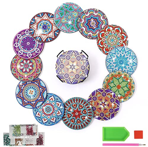 KOSHIFU 12PCS Dessous de Verre 5D DIY Diamant Peinture, sous-Verres Art de Diamant sous Verres Absorption de l'eau Multicolore avec Support pour Adultes Enfants Artisanat