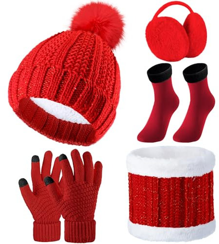 SATINIOR 5 Stück Damen Winter Ski Ausflug Set Strickmütze Schal Handschuhe Ohrenschützer Strümpfe (Rot)