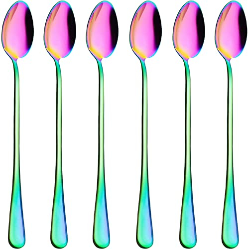 VUL Latte Spoons,Set of 6 Long Handle Spoons,19cm Stainless Steel Coffee Spoons, Ice Tea Spoons, Espresso Spoons, Dessert Spoons for Coffee Tea Dessert Sundae (V6S-RAINBOW)