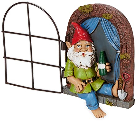 Relaxdays Zwerg mit Fenster, wetterfeste Gartendeko, Baumzwerg zum Aufhängen, HxBxT 14,5 x 10,5 x 4 cm, Kunststein, bunt