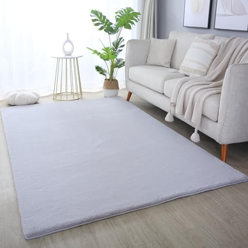 HomebyHome Teppich Wohnzimmer 240x340 cm Silber Waschbarer Hochflor Flauschiger Teppiche Einfarbig Moderne Design - Küchenteppich Waschbar Shaggy Extra Weich Teppich für Schlafzimmer Kinderzimmer