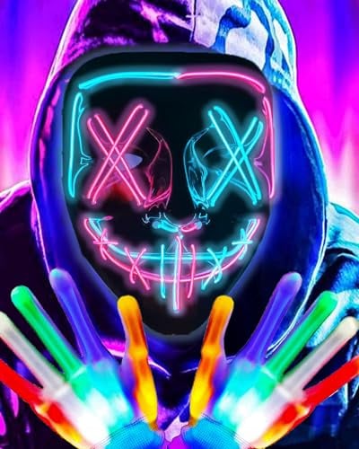 DWTECH LED Halloween Maske mit LED Leuchtende Handschuhe SET,Halloween Kostüm,LED Purge Maskes Kostüm für Maskerade Cosplay beleuchtete Gesichtsmaske für Kinder Männer Frauen Halloween Festival