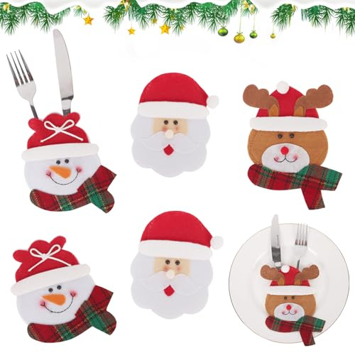 Minicoco Christmas Cutlery Holders,6Pcs Xmas Silverware Holders Pockets,Lovely Christmas Cutlery Bags Xmas Santa Suits Spoons Knives and Forks Bags for Christmas Dinner Table Deco (Short Hat Style)