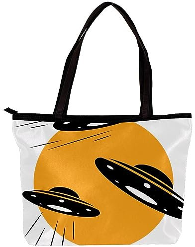 Damentasche Schultertasche Handtasche Ufo fliegende Sonne Raumschiff Druck Reißverschluss Geldbörse Top-Griff Reißverschluss Taschen für Fitnessstudio, Arbeit, Schule, mehrfarbig,
