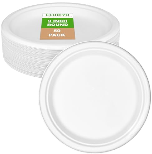 ECORIYO 9-Inch Round Paper Plates- 50-Pack of Disposable Paper Plates, Eco Friendly Sugarcane Plates - Freezer Microwave Safe Party Plates