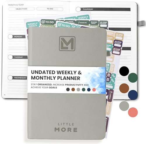 Agenda settimanale 2024 non datata, formato A5, colore grigio, mensile, vuoto, con adesivi