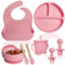 Bluet B Baby - Vajilla Bebe Silicona - Plato Bebe Ventosa - Vajilla Infantil Antideslizante sin BPA - Set Silicona Platos Bebe - Cubiertos Bebe BLW - 8 piezas - Rosa