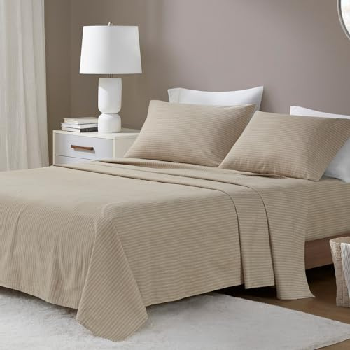 Beautyrest Cotton Sheet Set Cozy Print 100% Cotton Flannel Sheets Warm & Fuzzy Bedding Set, Oversized Sheets, Deep Pocket Fits Up to 16 Mattress Queen Bed Sheets Queen Beige/White Stripes 4 Piece