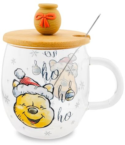 Disney Winnie the Pooh Holiday Glass Coffee Mug With Lid and Spoon | Clear Coffee Cup For Tea, Espresso, Cocoa | Holds 17 Ounces