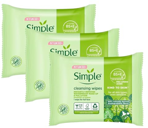 (3 Pack) Simple Kind to Skin Cleansing Biodegradable Face Wipes | 33 Wipes per Pack, Total 99 Wipes | Intantly Removes Waterproof Make-Up & Pollution.