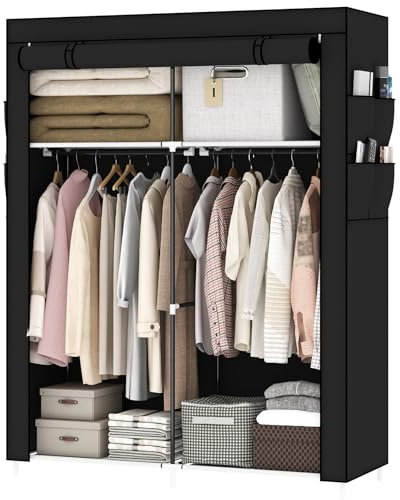 OPPAIYA Canvas Wardrobe for Bedroom, Fabric Wardrobes with 2 Storage areas、2 Hanging Rails and 8 Side Bags, Pop up wardrobe 105 x 45 x 165 cm, Great temporary wardrobe for bedrooms