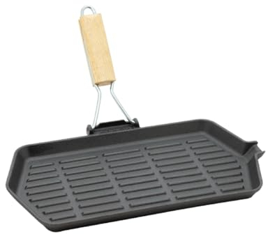 PraTiKo Life Bistecchiera in Ghisa Manico in Legno Pieghevole, Antiaderente, Induzione, Gas e Elettrico, Cottura tipo Brace (35x21cm manico Pieghevole)