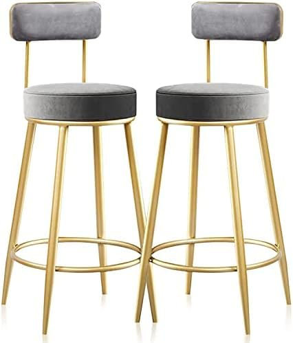 Frühstücks-Barhocker, 2er-Set, Küchentheken-Barhocker Mit Goldenem Gestell, 65 cm Hohe Hocker Mit Rückenlehne, Goldene Metallbeine Und Samt-Barstühle Für Kücheninsel, Theke, Esszimmer, Pub,Grau,C