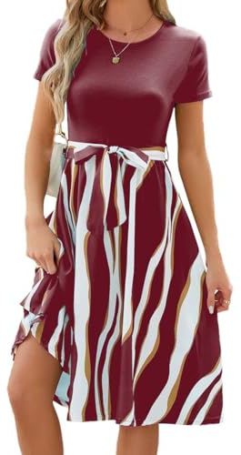 Generisch 2024 Damen Sommer Kleider Mode Rundhals Spleißen Gedruckt Kurzarm Saum Lose Kleider Feiertagsparty Kleid (Rotwein,L)