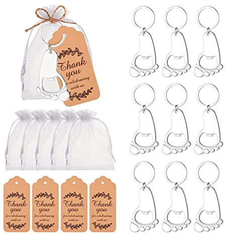 LUCKGONI Schlüsselanhänger in Form eines Baby-Fußabdrucks, Flaschenöffner mit Organza-Beuteln und Dankeschildern, Babyparty-Souvenir, Partygeschenk, 10 Stück