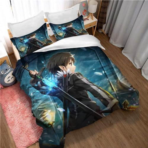Ste-X Bettwäsche-Bettbezug-Set Sword Art Online, 3-teiliges Bettbezug-Set Aus Weichem Mikrofaser-Schlafzimmer Mit 2 Kissenbezügen, Für Jugendliche Und Erwachsene (135x200cm,SAO 03)