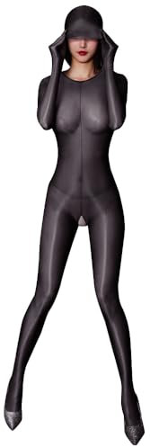 GKLWEJ Bodystocking, Catsuit Sexy Ouvert Reizwäsche mit Kapuze, Strumpfhose Glänzend Öl, Strumpfhosen Damen Glänzend, Body für Frauen Plus Size Schwarz