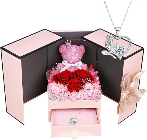 ELEUTH Rosa Eterna per Lei,Confezione Regalo per la Festa della Mamma,San Valentino,Compleanno,Anniversario,Fiori di Rosa Veri con Collana e Orsetto Rosa Regalo per Mamma,Fidanzata,Moglie