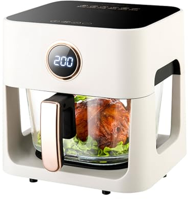 Control inteligente reservable Freidora de aire Ventana visual Cajón de vidrio Preajustes de cocción 6 menús Función de temporizador de 60 minutos Cocina saludable sin aceite baja en grasa Blanco.(Sma